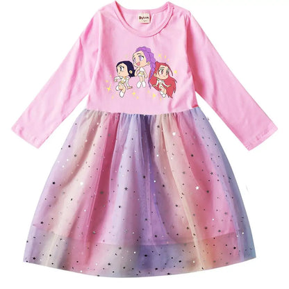 Girls' K-Pop Demon Hunters "Star Sparkle" Long Sleeve Tutu Dress: Rainbow Tulle Princess Gown