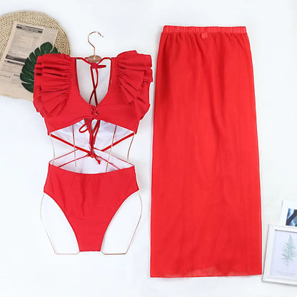 2024 Sexy Women's Swimsuit with Skirt One-Piece Swimwear Vintage Ruffle V Neck Cover Up Bikinis Set Beachwear Bathing Suit