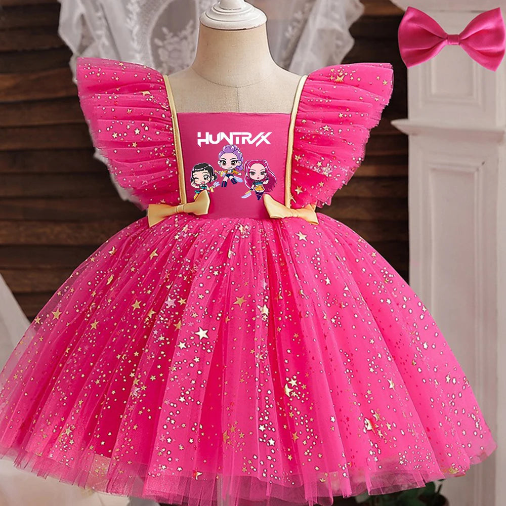 K-Pop Hunters Zoey Rumi Girl Fall Party Dress Birthday Holiday High Waist Tulle Dress Bow Wedding Gown Kids Wear Princess Dress