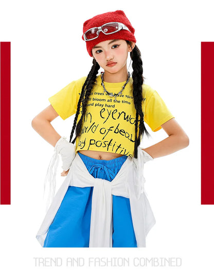 Girls Hiphop Group Jazz Dance Performance Clothes Loose Short Sleeve Top Pants Street Dance Costumes Wear