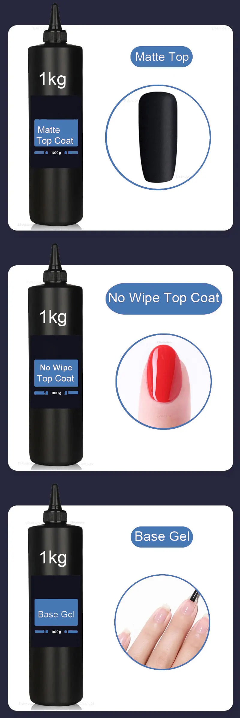 Eleanuos Super Quality Hema TPO Free 1KG No Wipe Top Coat Primer Base Coat UV Gel Soak Off Nail Supplier Gel Polish For Nail Art