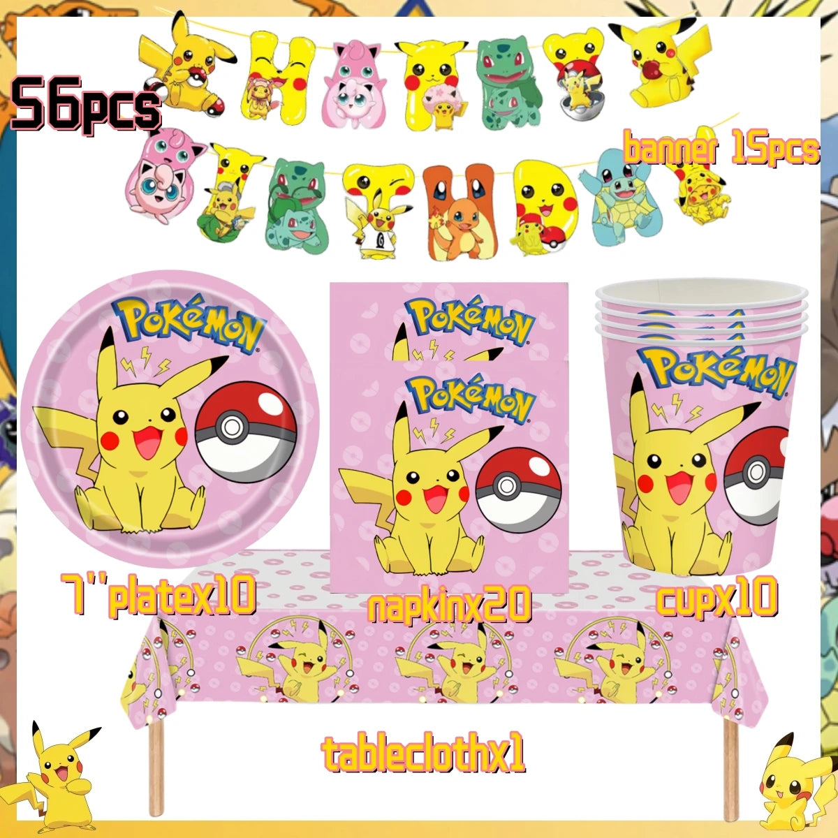 Pink Pokemon Birthday Party Decoration Disposable Tableware Set Pikachu Tablecloth Cup Plate Baby Shower Kids Diy Party Supplies