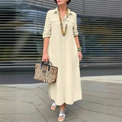 Women Spring Autumn Long Sleeve Lapel Single-breasted Cardigan Dress Double Pocket Splicing Dresses Elegant Female Commuter Gown