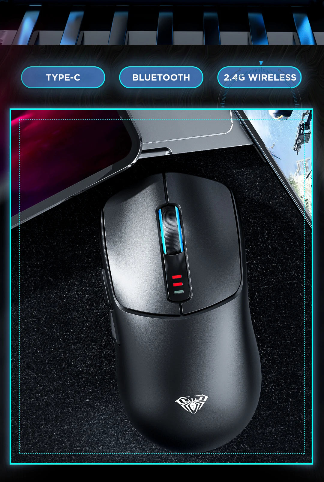 AULA SC580 Gaming Mouse Tri-mode Rechargeable Ergonomic Bluetooth Mouse 10000 DPI E-sports Lightweight Mice for Office Gaming