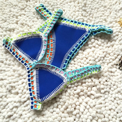Bikini Crochet 2025 Handmade Knit Patchwork Reversible 2 Piece Swimsuit Women Halter Top Brazilian Bathing Suit Thong Swimwear