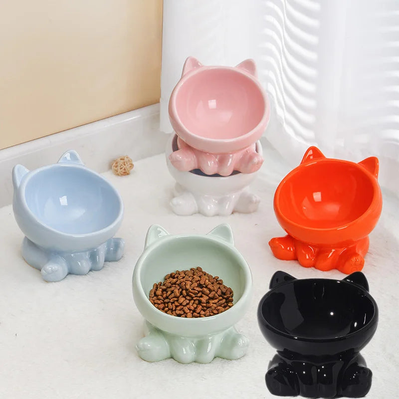Cute Ceramic Cat Bowl with High Feet Dog Drinking Water Bowl Pet Supplies Cervical Spine Protection Diagonal Design Accessories