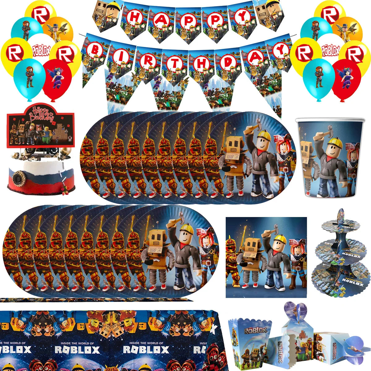 Hot Roblox Disposable Tableware Tableware Set Tablecloth Napkins Candy Box Gift Bag Kids Birthday Party Supplies Gifts