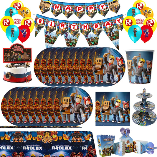 Hot Roblox Disposable Tableware Tableware Set Tablecloth Napkins Candy Box Gift Bag Kids Birthday Party Supplies Gifts