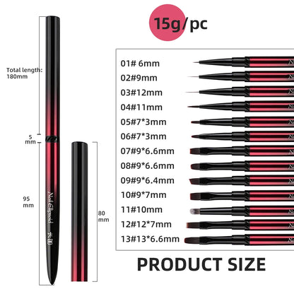 New 1/13pcs Nail Art Brush Set Black Red Metal Handle Acrylic UV Gel Polish Crystal Acrylic Nail Drawing Tools High Quality
