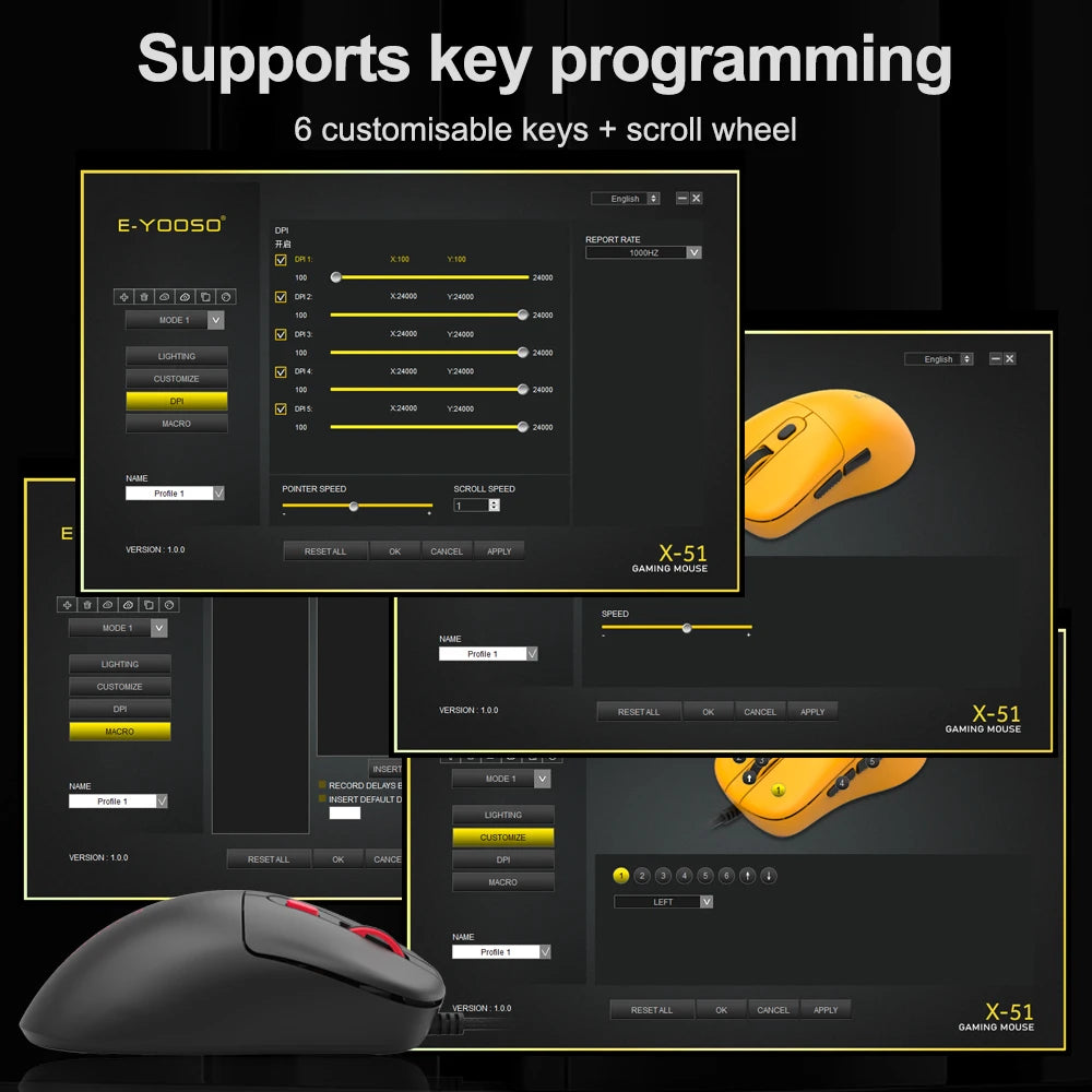 E-YOOSO X-51 USB Wired Gaming Mouse 24000 DPI 6 buttons programmable game Optical mice for Computer PC Laptop
