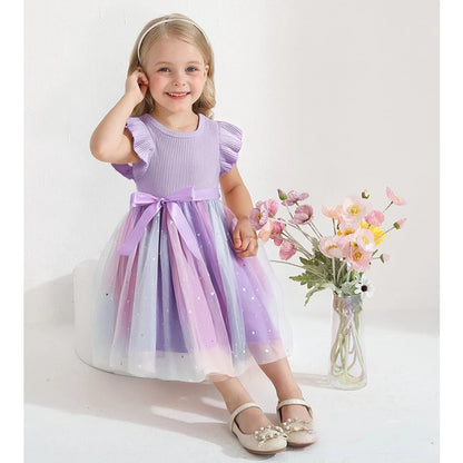 Girls' HUNTRX Rainbow Tulle Princess Dress: Sequin Star & Chibi Idol Party Gown