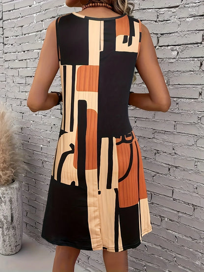 Spring&Summer Women's Geometric Pattern Sleeveless Dress For Summer Vacation,dresses for women summer，Women Bohemia Midi Dresses