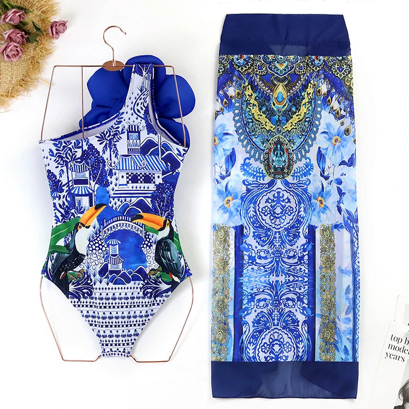 2024 Sexy Women's Swimsuit with Skirt One-Piece Swimwear Vintage Ruffle V Neck Cover Up Bikinis Set Beachwear Bathing Suit