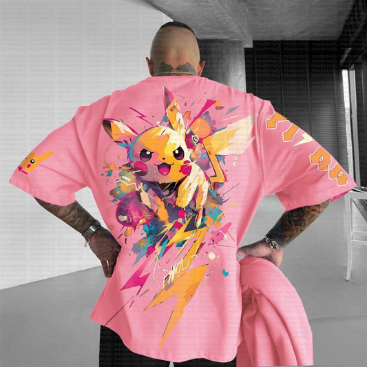 Summer 2026 Pokemon Cotton T Shirt Pikachu Back Print Colorful Splash And Lightning Design Loose Fit Men Women Casual Fashion