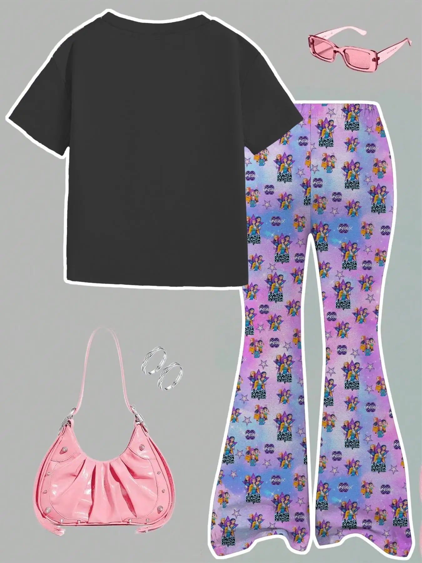 Girls' 2026 K-Pop World Tour Set: Black Idol Graphic Tee & Pastel Character Flared Pants