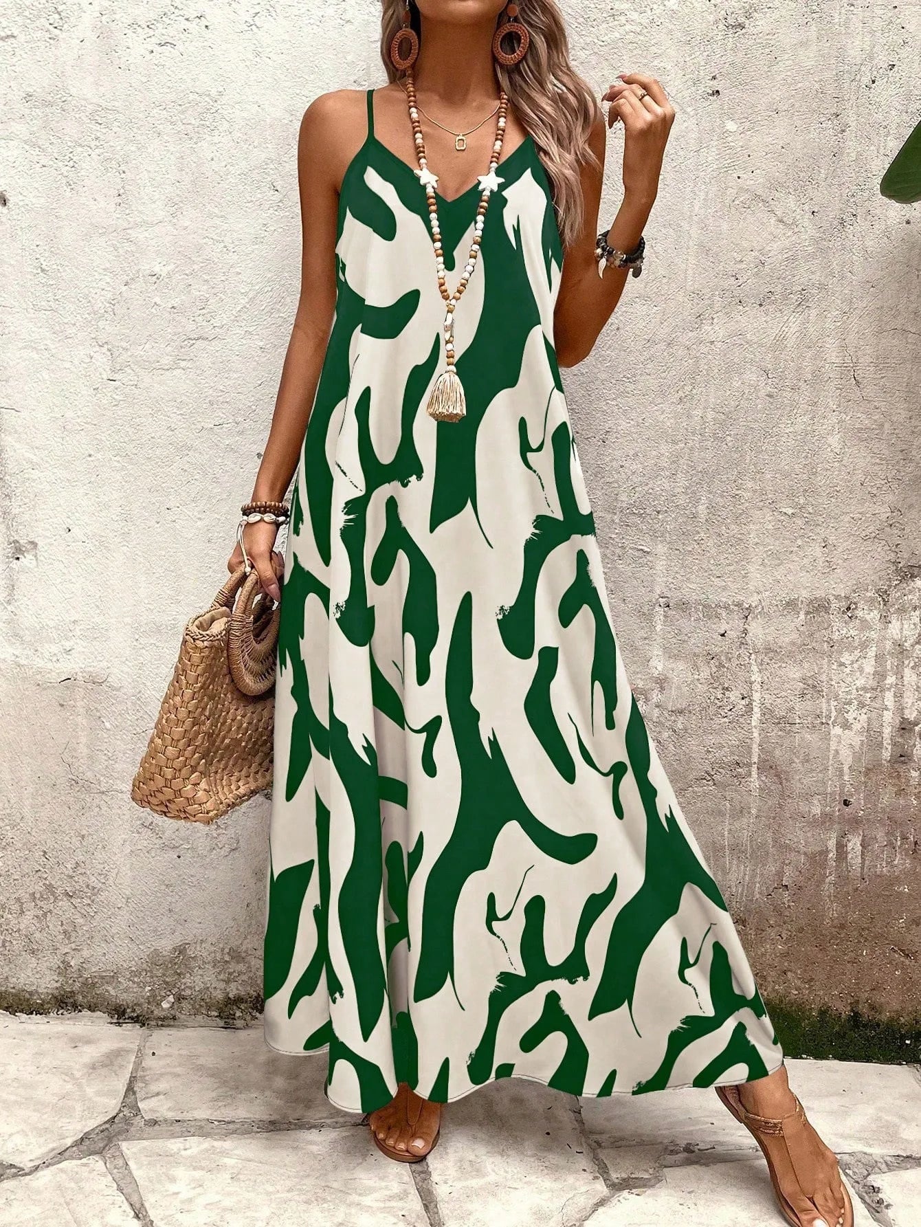 Summer 2026 Women's Fashion Slim Fit Floral Print V-Neck Loose Holiday Style Dress Knitted Fabric A- Line Skirt Casual Wear