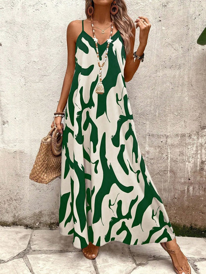 Summer 2026 Women's Fashion Slim Fit Floral Print V-Neck Loose Holiday Style Dress Knitted Fabric A- Line Skirt Casual Wear