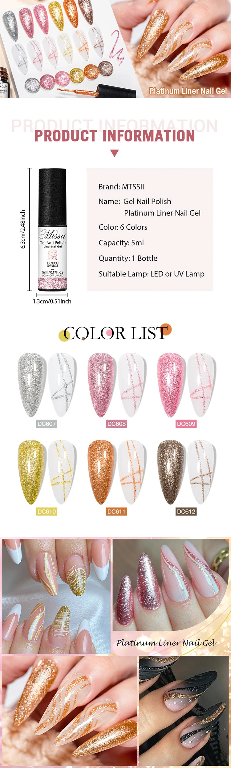 2/3/4/6pcs Platinum Glitter Liner Gel Nail Polish Set Gold Silver Sparkle Pull Line Gel Graffiti Painting Stripe DIY French Nail