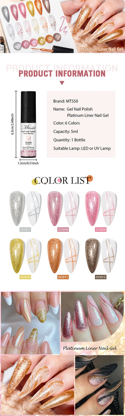 2/3/4/6pcs Platinum Glitter Liner Gel Nail Polish Set Gold Silver Sparkle Pull Line Gel Graffiti Painting Stripe DIY French Nail