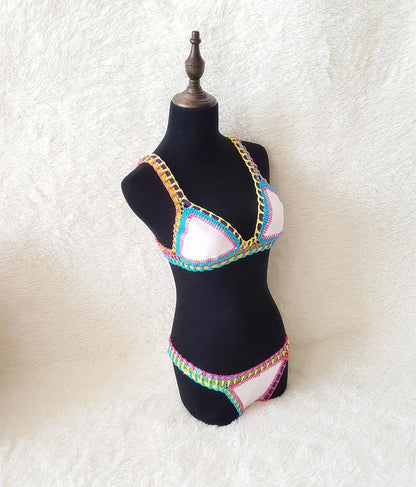 Bikini Crochet 2025 Handmade Knit Patchwork Reversible 2 Piece Swimsuit Women Halter Top Brazilian Bathing Suit Thong Swimwear
