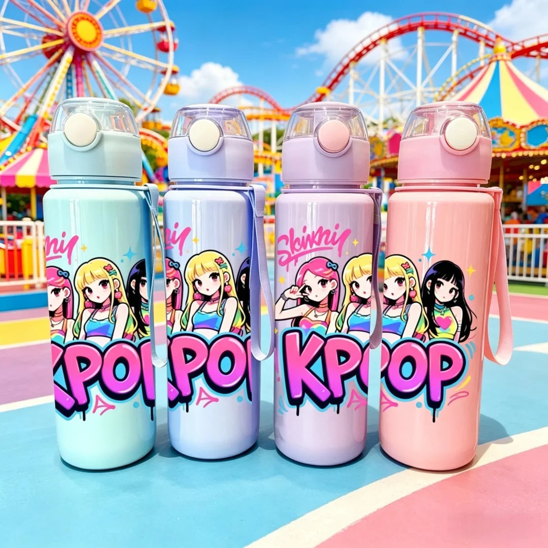 Kids' K-Pop "Idol Dreams" Portable Water Bottle: 3D Printed Leak-Proof Bottle with Lanyard