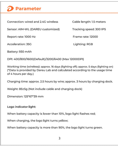 DAREU EM901X Wireless Mouse, 2.4G Wired Dual-mode Mouse, AIM-WL 12000 DPI RGB Magnetic Charging Dock Gaming Mouse for PC Gamer
