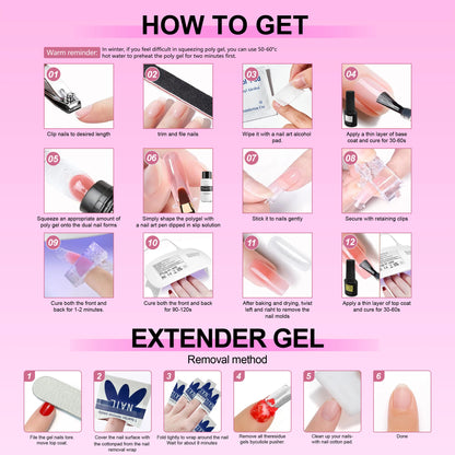 Poly GEL Nail Colors：20 Colors Nail Extension Gel Kit Bright Rainbow Pink Purple Blue Color Collection Poly Gel Nail Kit
