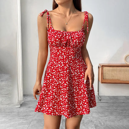 French Style Floral Summer Mini Dress: Sleeveless Camisole with Tie Straps