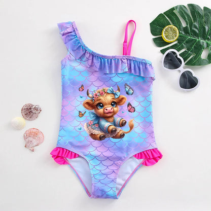 Girls' "Mermaid Heart" One-Piece Swimsuit: Colorful Scale Pattern with Asymmetric Ruffles