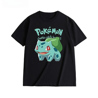 2025 Summer Poksammon Animation Brand 100% Cotton Bulbasaur Printed T-shirt for Men and Children Harajuku Casual Short Sleeve