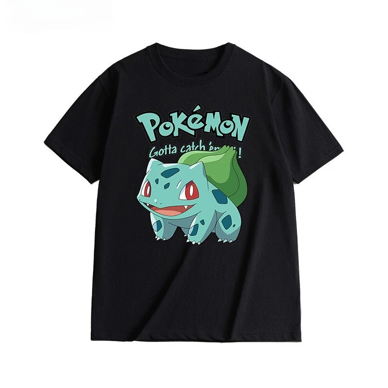 2025 Summer Poksammon Animation Brand 100% Cotton Bulbasaur Printed T-shirt for Men and Children Harajuku Casual Short Sleeve