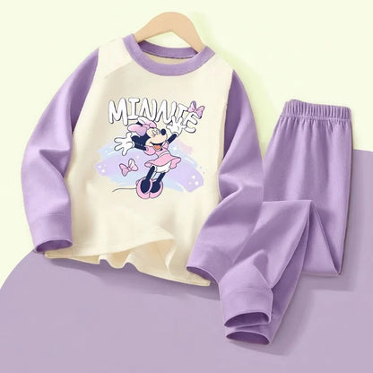 DISNEY MINNIE Printed Girls Casual Spliced Sleepwears Sets Autumn Winter Kids Comfy Soft Home Clothing Set Child Pijamas 0-10Y