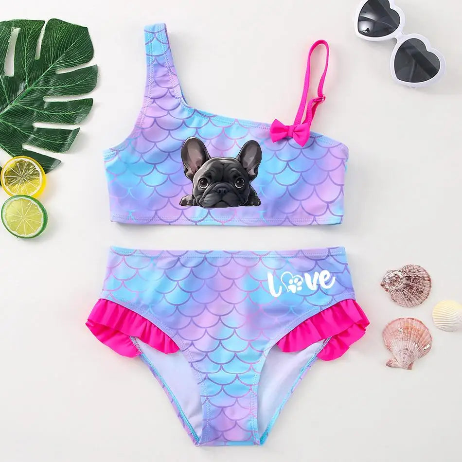 Girls' "Nature Love" Bikini Set: Mermaid Scale Pattern with Chibi Fox & Asymmetric Ruffles