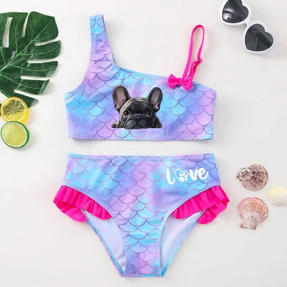 Girls' "Nature Love" Bikini Set: Mermaid Scale Pattern with Chibi Fox & Asymmetric Ruffles