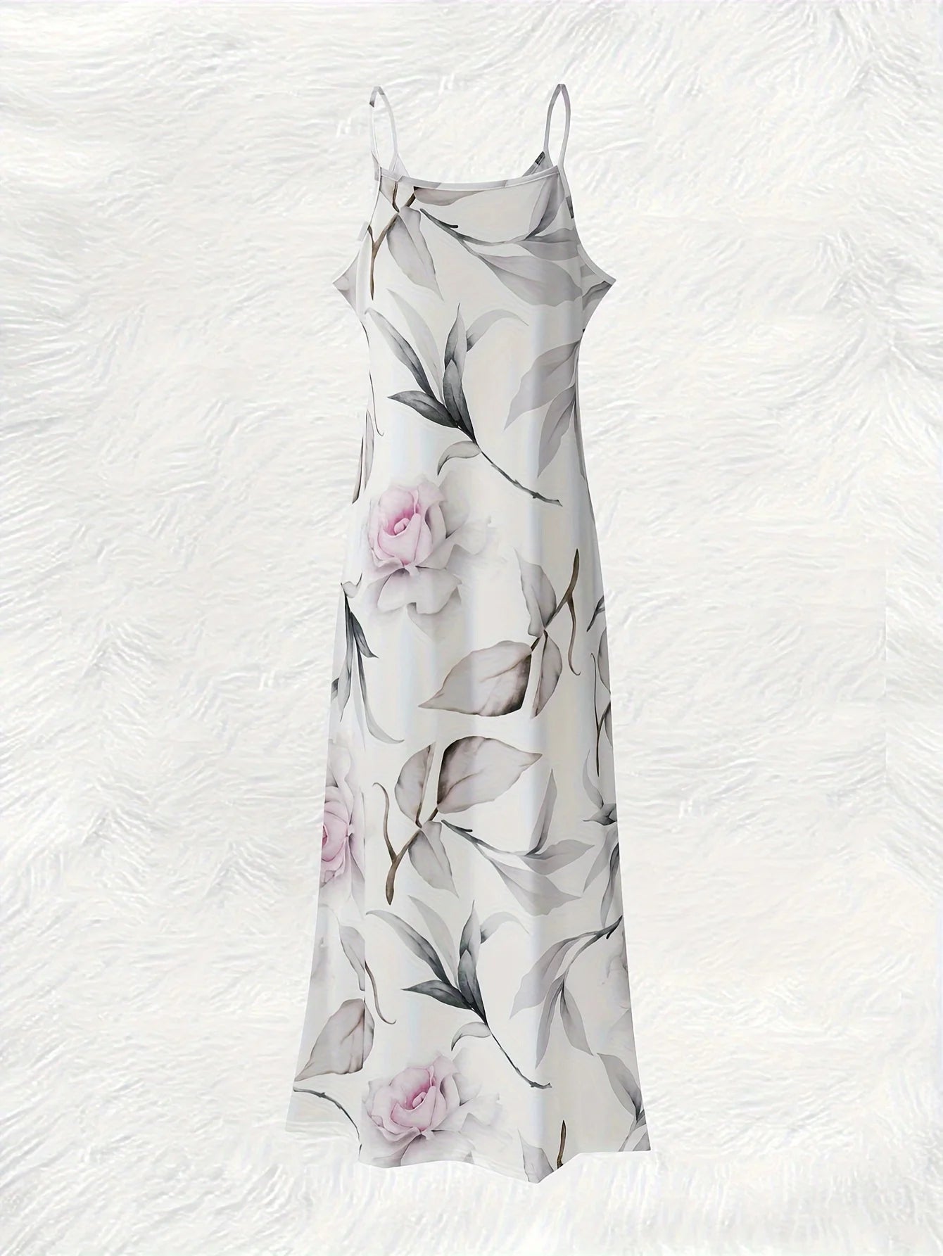 All-season Pink Roses And Leaves Pattern vacation style women's dress
