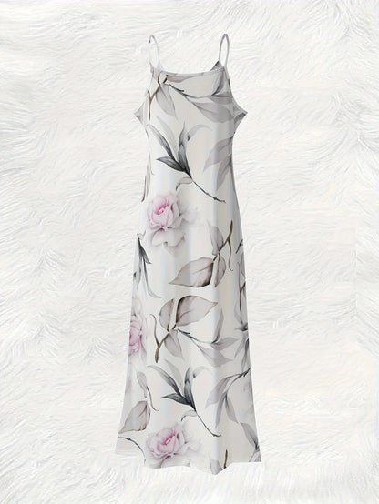 All-season Pink Roses And Leaves Pattern vacation style women's dress