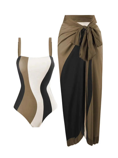 Summer New One-Piece Bikini Swimsuit, Women's Conservative Sunscreen One-Piece Gauze Skirt 2-Piece Set, Beach Vacation Hot Spring