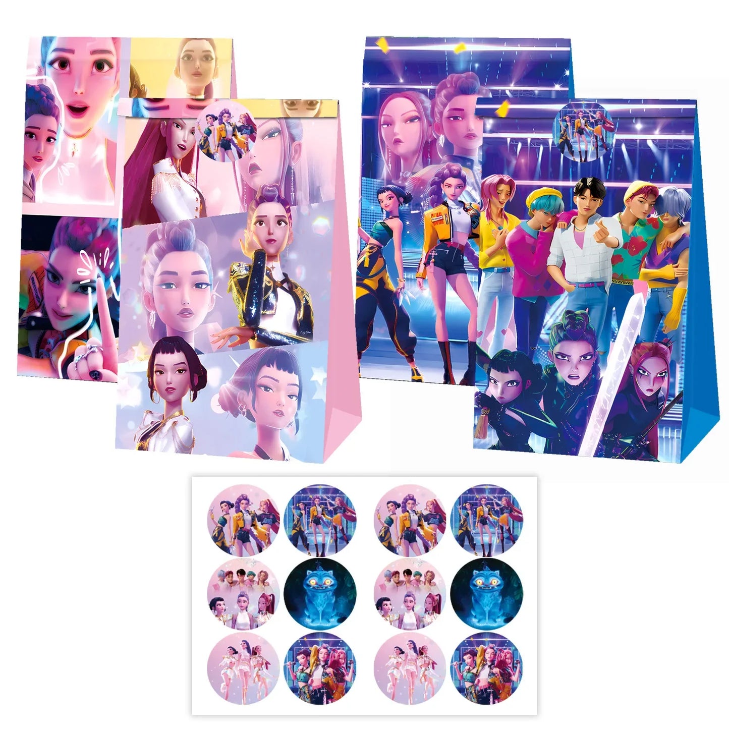 Hunters K-Pop Idol Party Favor Bags: 12-Piece Sealable Gift Bag Set with Stickers