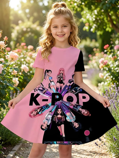 Girls' K-Pop "Anime Star" Summer Dress: Harajuku Style Short Sleeve A-Line Gown