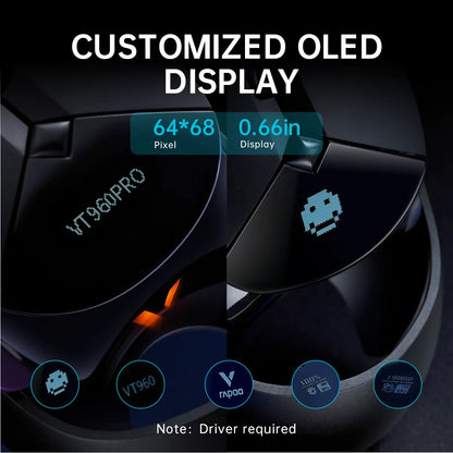 Rapoo VT960PRO Wired/ Wireless Gaming Mouse PAW3395 Sensor 26000 DPI OLED Display 9 Programmable Buttons On-Board Memory Black