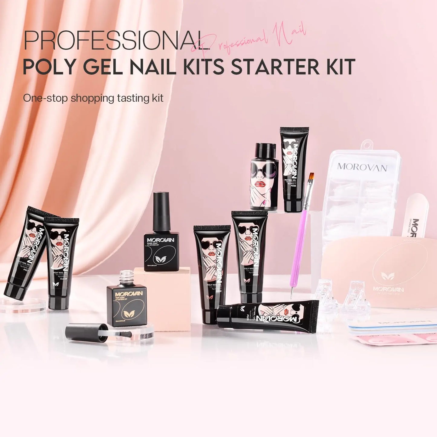 Morovan Poly Gel Nail Enhancement Kit Starter Kit: 6-color Poly nail gel kit with U V light, suitable for beginner nail salon