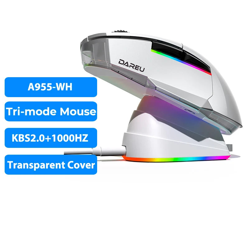 DAREU PC Gamer Mouse 12000DPI RGB Tri-mode Wireless Bluetooth Mice with Charging Dock AIM-WL Sensor for Laptop PC