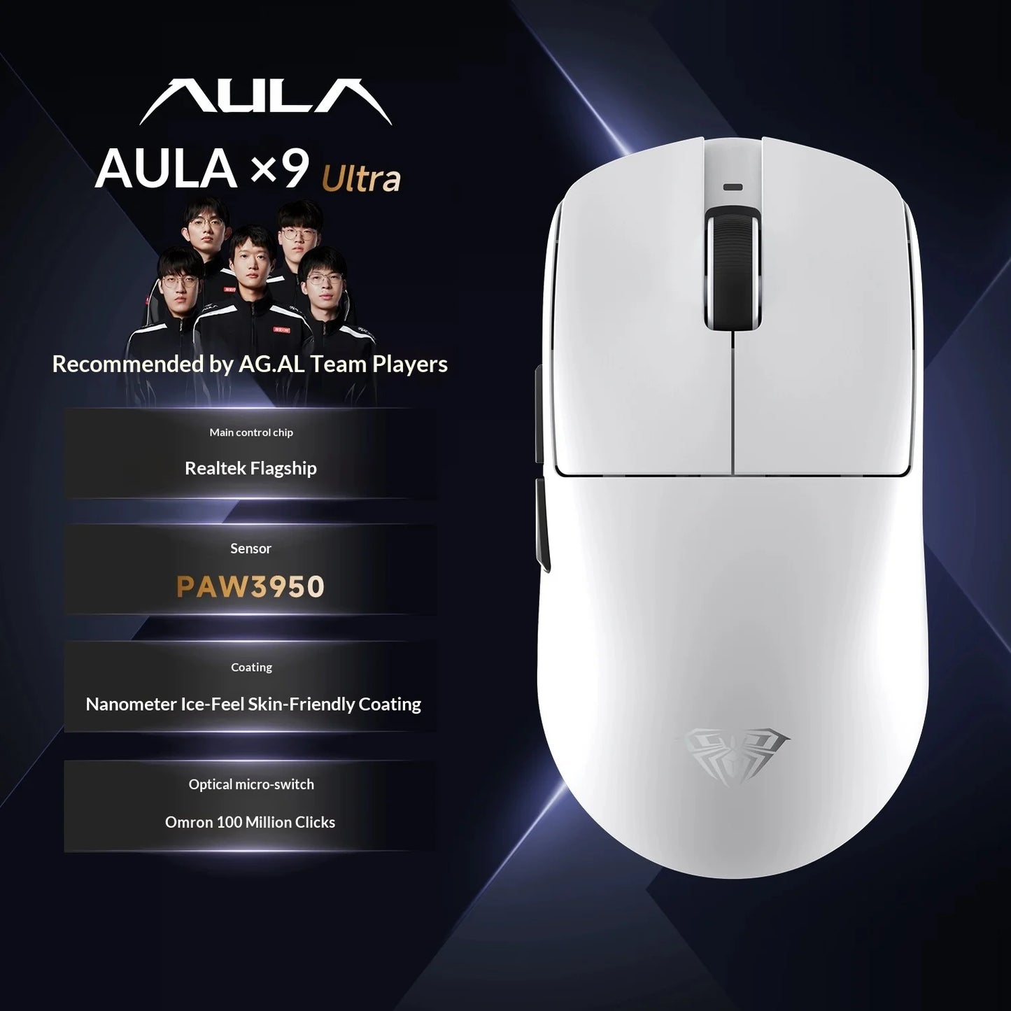 AULA X9 Max Ultra Gaming Mouse Wireless Tri Mode Dual 8KHz 500mAh PAW3950 Lightweight Ergonomic Esports Mouse Gaming Accessories
