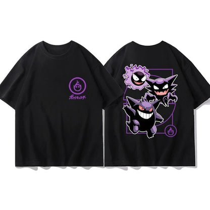 Pokémon Joint Peripheral Products Short Sleeve T-Shirt Gengar Psyduck Mewtwo Printed Men's Boys and Girls Summer New Fashion Top