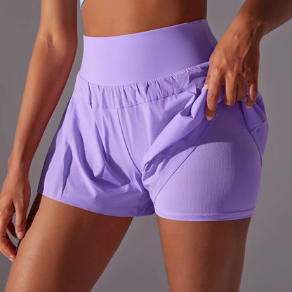 Women Gym Running Shorts Double Deck Quick Dry Gym Sport Shorts Fitness Jogging Workout Shorts With Pocket Sports Tight Short