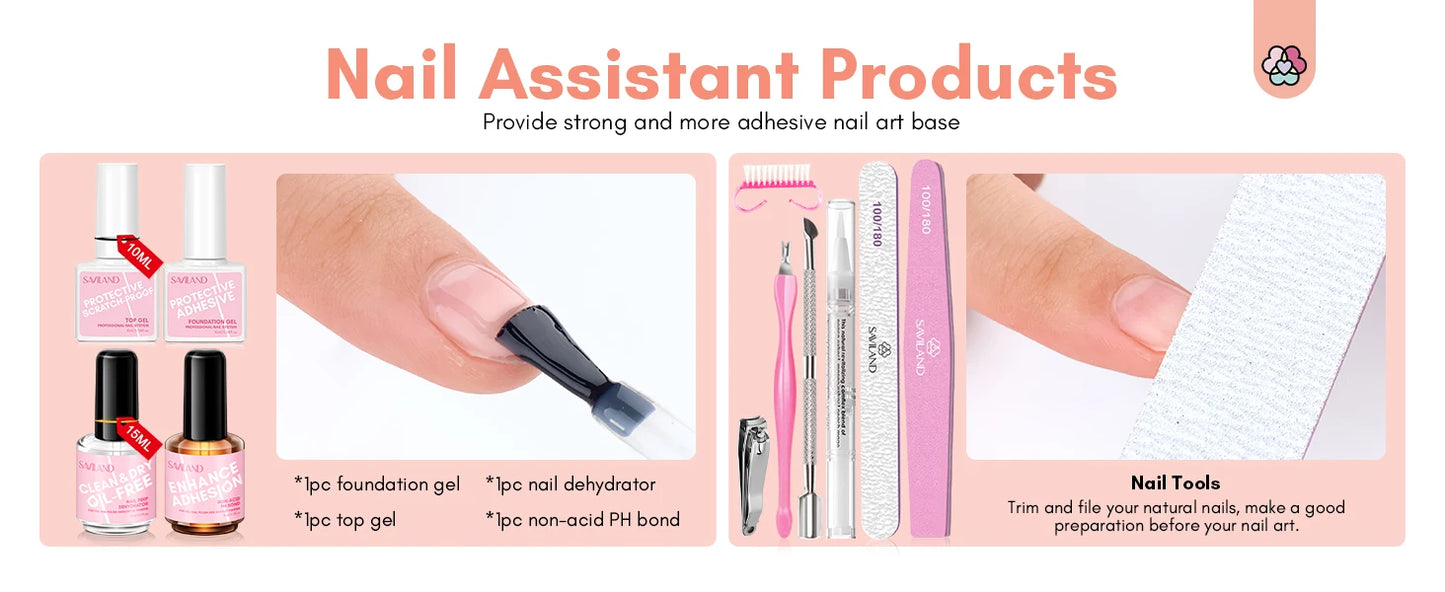 Saviland 7 Colors All In One Poly Gel Kit with UV Light Nail Drill Slip Solution for Nail Extension Home Salon DIY