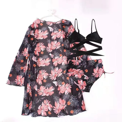 Three Pieces Bikini Set Cover Up Women 2023 New Push Up Twist Swimsuit Print Long Sleeve Swimwear Biquini Bathing Suit Summer