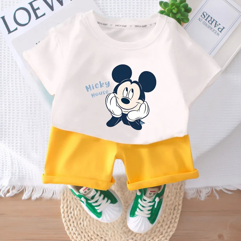 DISNEY Cartoon Printed Boys T Shirt Sets Summer Breathable Kids Short Sleeve Top and Shorts Two Piece Set Child Casual Outfits