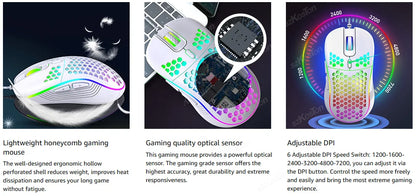 Honeycomb Wired Gaming Mouse RGB Backlight 7200 Adjustable DPI Ergonomic USB Computer Mice for Windows PC & Laptop Gamers