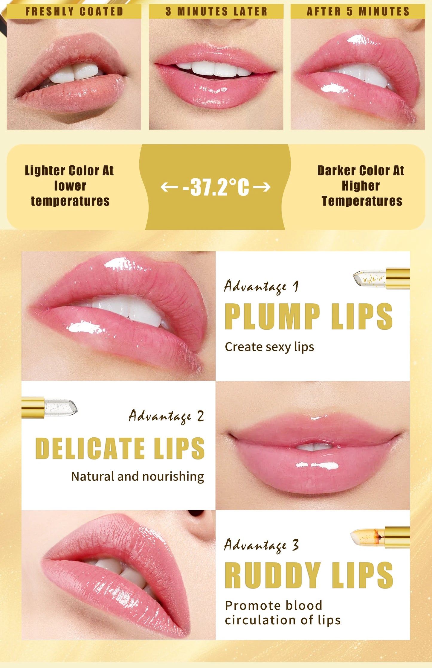 Temperature Color Changing Women Flower Lipstick Transparent Waterproof Moisturizing Crystal Jelly Pearlescent Lip Balm Cosmetic